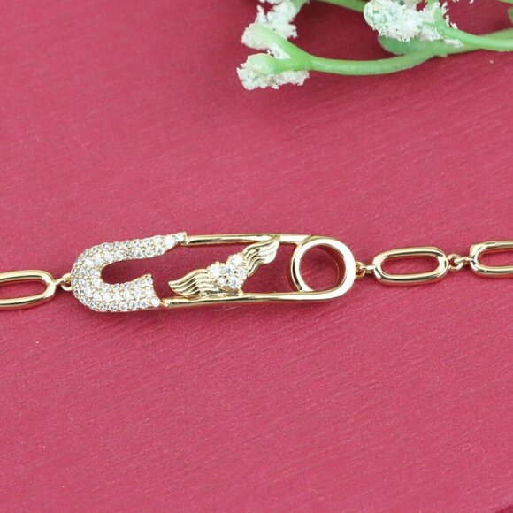 "Rose Gold Safety Pin Bracelet with Wing Detail, XPBL0781 - Picture 11 of 12